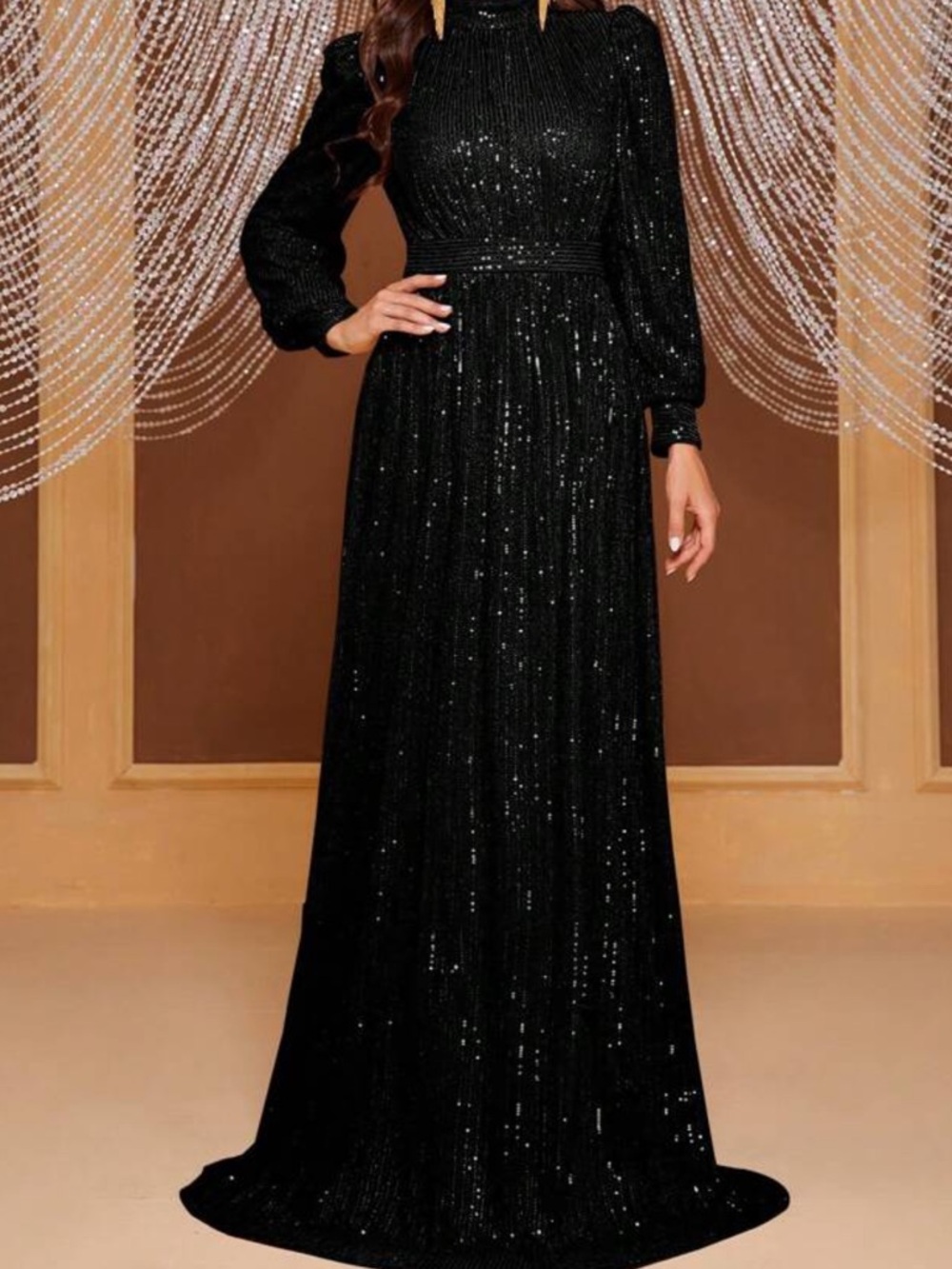 Elegant Black Sequin Long Sleeve Maxi Dress